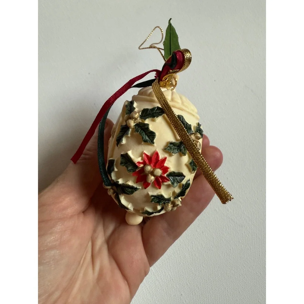 Vintage 1989 Merry Christmas Ornament Poinsettia Holly Ribbon Commemorative 3in